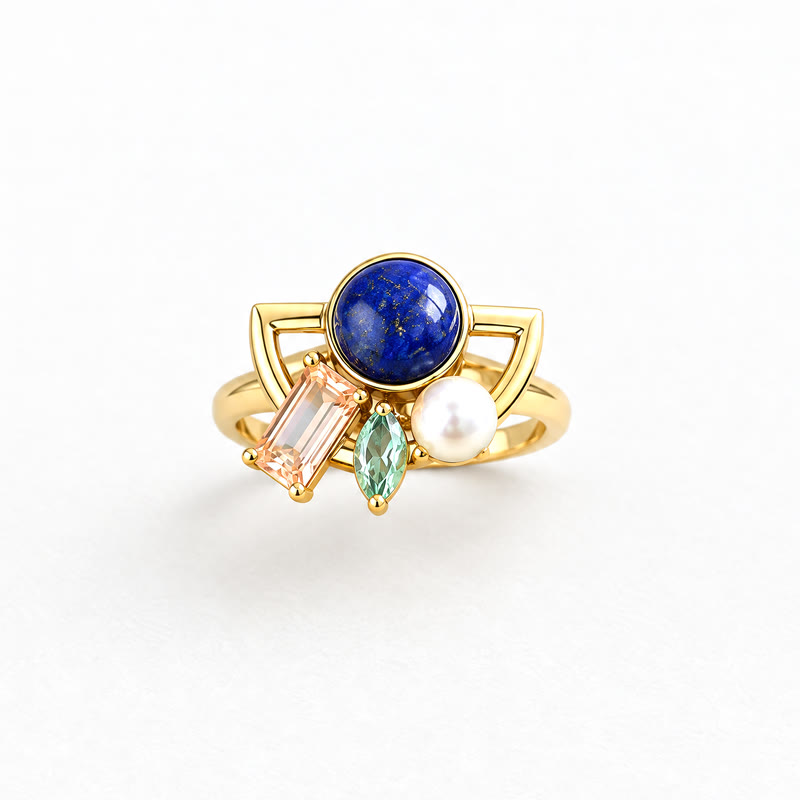 Anillo de autor de Joyería Mabel con lapislázuli, morganita, turmalina y perla